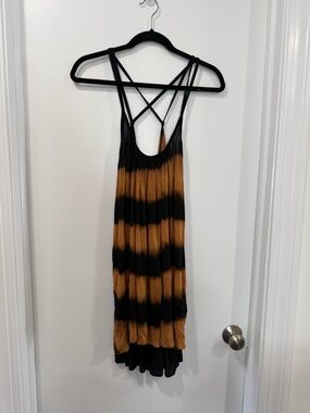 Free People Black and Burnt Orange Striped Crisscross Back Tunic